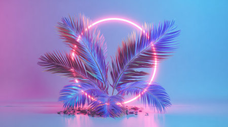 Vibrant image featuring a group of tropical palm leaves bathed in neon pink light, set against a pastel gradient background. A glowing neon circle frames the leaves, adding to the stylized and decorative aesthetic.の素材