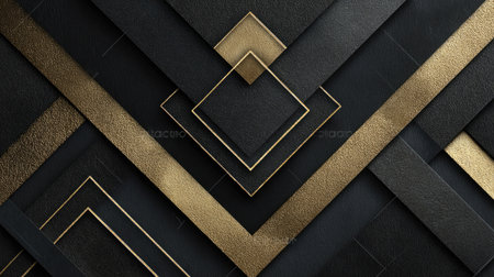Sophisticated graphic design featuring a patterned background of intersecting black and gold shapes, with a textured effect. The design is highly structured and layered.の素材