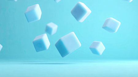 Vibrant, light blue  scene with several light blue cubes in mid-air, against a soft, matching pastel blue backdrop. The cubes appear to be levitating, creating a minimalist and modern aesthetic.  The image is rendered with a smooth, soft texture, enhancing the feeling of floating forms in space.の素材