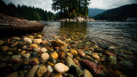 Close-up view of smooth, colorful river stones at the water's edge. Crystal-clear water allows the stones to be seen distinctly. A log lies on the bank.  The image shows the beauty of the natural environment in the shallow river area.の素材