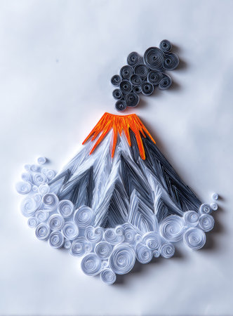 Intricate paper art piece depicting a volcano with billowing smoke and clouds. The volcano is constructed from various shades of grey, orange, white, and black paper, meticulously rolled and layered to create a detailed mountain shape.の素材