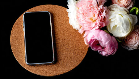 Smartphone with a black screen is placed on a round cork surface, alongside a bouquet of pink and white flowers.  The image is a close-up top view and is set against a dark black background.の素材