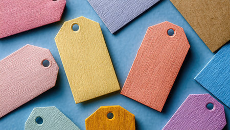 Collection of blank, colorful rectangular tags, arranged in a flat lay on a light-blue surface. The tags are various pastel colors including pinks, oranges, yellows, blues, and purples. Each tag has a small hole at the top.の素材