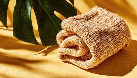 Rolled piece of light beige textile is placed on a mustard yellow surface.  A large green leaf is visible in the background. The lighting creates a soft, warm, and stylish aesthetic. The fabric's texture is detailed.の素材