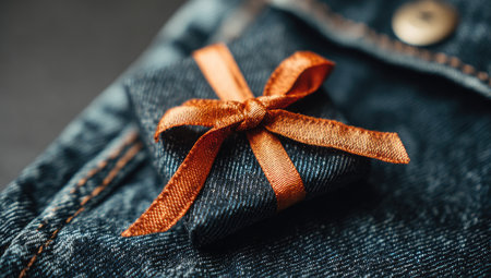 Close-up view of a small gift-wrapped package secured with an orange ribbon on a dark-blue denim fabric. The focus is on the intricate texture and details of the denim material and the ribbon.  The stitching and woven pattern of the denim are clearly visible.の素材
