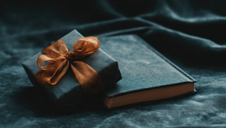 Dark teal gift box with a copper ribbon and a dark teal book are arranged on a dark teal surface. The image showcases the textures and colors of the objects.の素材