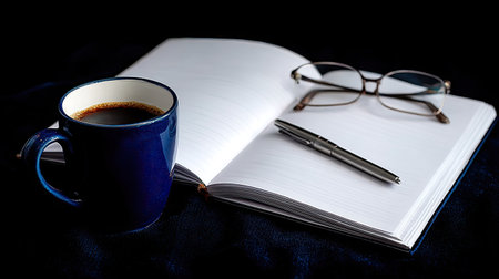 Still life arrangement of a coffee cup, open notebook, pen, and reading glasses.の素材
