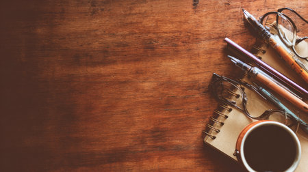 A warm beverage sits next to writing instruments and glasses on a wooden surface.の素材