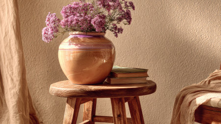 A rustic stool holds a vase of purple flowers and books against a textured wall.の素材
