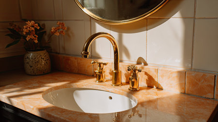 Elegant bathroom vanity with gold fixtures bathed in warm sunlight.の素材