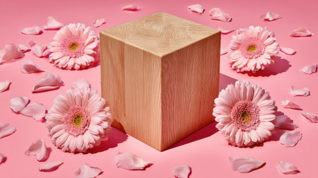 A wooden cube is surrounded by delicate pink gerbera daisies and petals.の素材