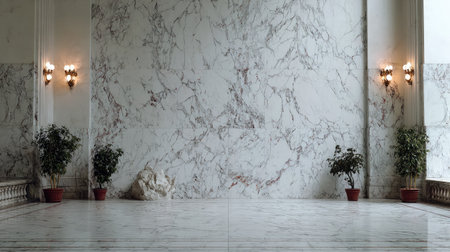 An interior space decorated with marble, plants, and classic wall sconces.の素材