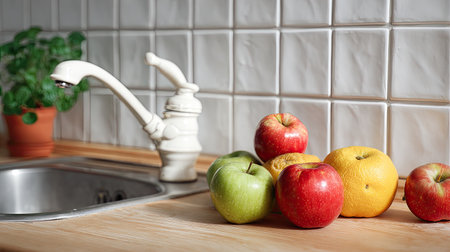 A variety of fresh fruits are arranged on a kitchen countertop near a faucet.の素材