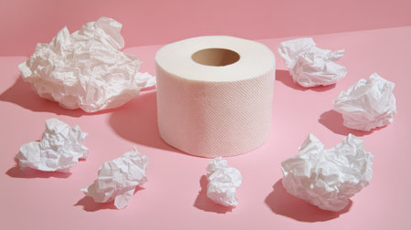 A roll of white paper sits with crumpled paper pieces on a pink surface.の素材