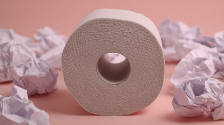 A toilet paper roll is depicted with crumpled white paper scattered around it.の素材