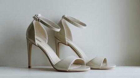 A pair of elegant cream patent leather high heel sandals.の素材
