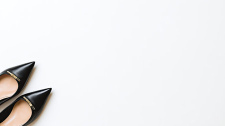 Elegant black pointed-toe pumps with gold accents are showcased on a white background.の素材