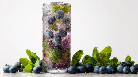 A tall glass of refreshing blueberry and mint infused beverage with ice.の素材