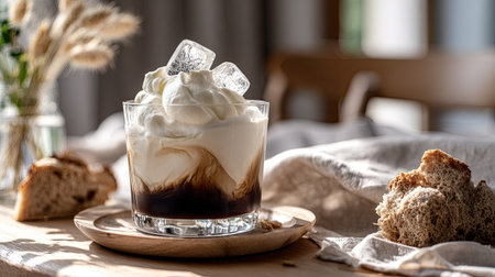 A delicious iced coffee beverage with whipped cream and ice cubes.の素材
