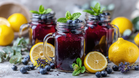 Three glass jars filled with refreshing blueberry lemonade and fresh ingredients.の素材