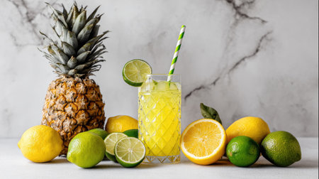 A glass of yellow beverage is garnished with citrus slices and sits with fresh fruits.の素材