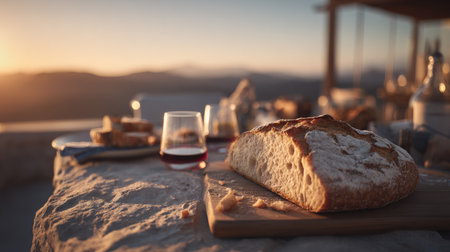 A rustic loaf of bread and a glass of wine are set on a table outdoors.の素材