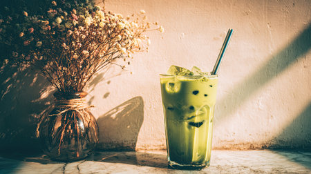 Iced green tea with dried flowers and a distinct shadow on the wall.の素材