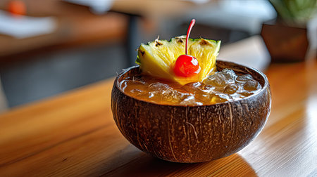 Refreshing tropical drink in a coconut shell with pineapple and cherry.の素材