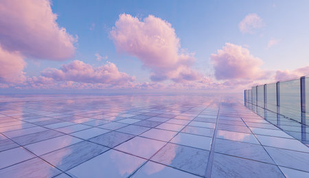 Serene, elevated platform with a tiled surface reflecting the soft pastel-colored sky and clouds. A glass railing borders the platform, creating a sense of openness and space. The colors are muted and calm, with a focus on the interplay of light and reflection on the tiles.の素材