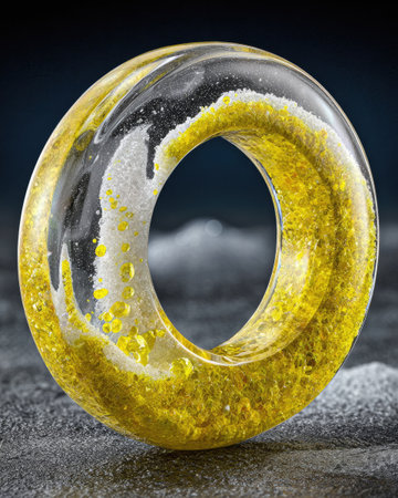 Circular piece of transparent material, possibly resin or glass, displaying a captivating arrangement of yellow and white particles, creating a mesmerizing visual effect. The particles seem to be suspended within the clear medium, giving the piece depth and visual interest.  The ring shape adds a sophisticated and modern touch to its design.の素材