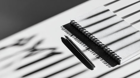 A pen and notepad are placed on a surface with striped shadows.の素材