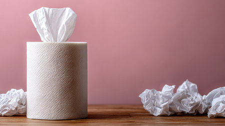 White tissues are presented in a dispenser with crumpled paper nearby.の素材