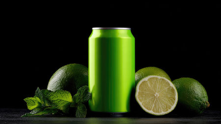 Green can with limes and mint leaves for a refreshing beverage.の素材