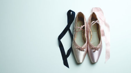 A pair of delicate ballet shoes with satin ribbons are arranged on a plain surface.の素材