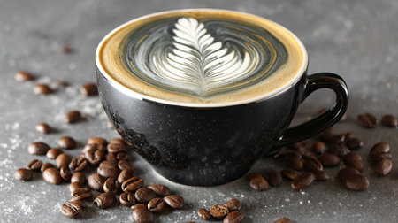A black mug filled with frothy latte art sits on a textured surface surrounded by coffee beans.の素材