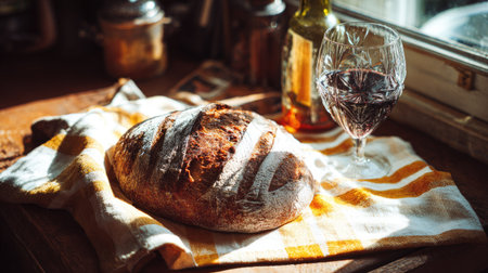 A rustic loaf of bread sits by a glass of red wine and a bottle.の素材