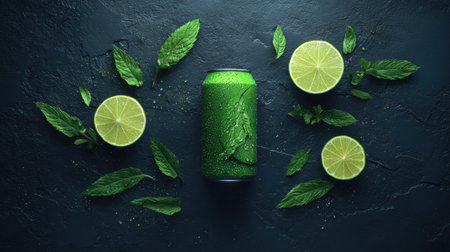 A green can with condensation is surrounded by refreshing lime and mint.の素材