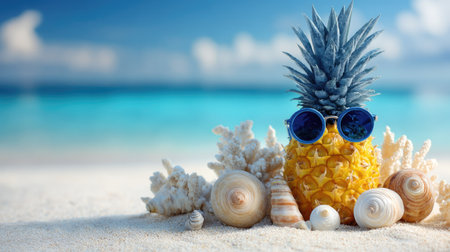 A pineapple wearing sunglasses sits on a sunny beach with shells and coral.の素材