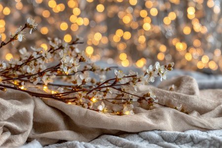 Close-up view of delicate white blossoms resting on a soft beige textile.  A string of warm, golden lights forms a gentle backdrop, creating a soft and inviting ambiance.の素材