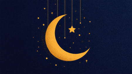 Decorative graphic illustration of a gold crescent moon and stars hanging against a deep blue night sky.  The design elements are simple and elegant, creating a celestial-inspired artistic piece.の素材