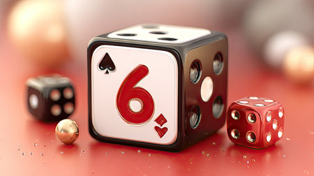 Detailed close-up of two stylized dice, one black and one red, with a six showing on the larger, glossy, white-and-black die.  The dice rest on a red surface with some subtle textures and highlights.の素材