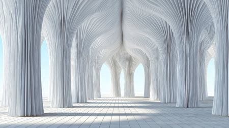Digitally rendered, empty interior space with tall, sculpted columns.  The columns are white with a ribbed, layered texture that creates an elegant, airy effect. The floor is a light gray tile, and the ceiling is high, creating a vast and open impression.  There are arched openings spaced evenly throughout the structure, showing a pale blue sky in the distance.の素材