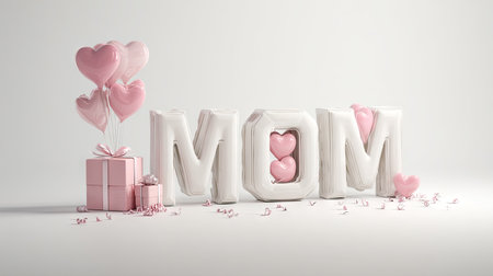 Composition featuring the word "MOM" crafted from large, inflated, white letters.  Pink heart-shaped balloons and gifts are arranged around the letters, creating a festive and loving display.  The overall color scheme is soft and delicate.の素材