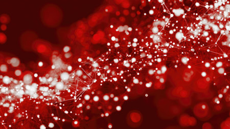 Graphic design with a network pattern of interconnected points and lines against a deep red background.  The points are small, bright white circles, and the lines connecting them are semi-transparent white. The effect is one of a complex, dynamic, and flowing structure.の素材