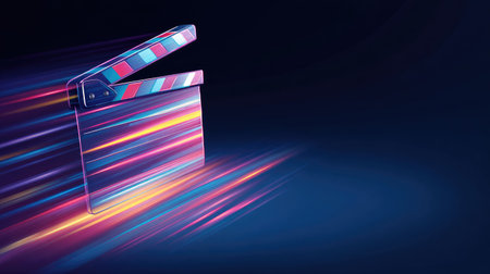 Vibrant, colorful graphic design of a  clapperboard, set against a dynamic backdrop of colorful light streaks. The clapperboard is rendered in a style that suggests speed and motion.の素材