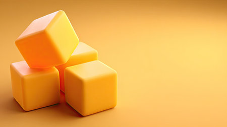 Four yellow cubes, arranged in a stack, on a mustard-colored background.  The image is a digital rendering of a geometric design.  The color scheme is simple and modern.の素材