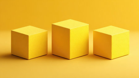 Three identical yellow cubes of varying heights are arranged in a row against a consistent yellow backdrop.  The cubes cast subtle shadows, and the image conveys a sense of simplicity and visual appeal.の素材