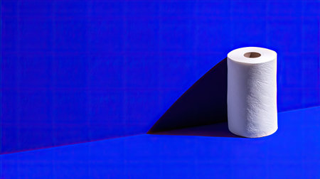 A white paper towel roll on a blue background with a sharp shadow.の素材