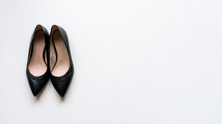 A pair of black leather pointed-toe high heel shoes are arranged on a white background.の素材