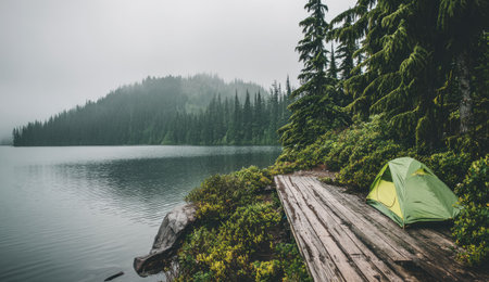 Serene landscape featuring a still lake surrounded by a dense forest. A small green tent sits on a rustic wooden dock extending into the water's edge.  Fog or mist partially obscures the distant mountains, creating a peaceful atmosphere. Lush greenery fills the foreground and the surrounding areas, adding to the overall natural beauty of the scene.の素材